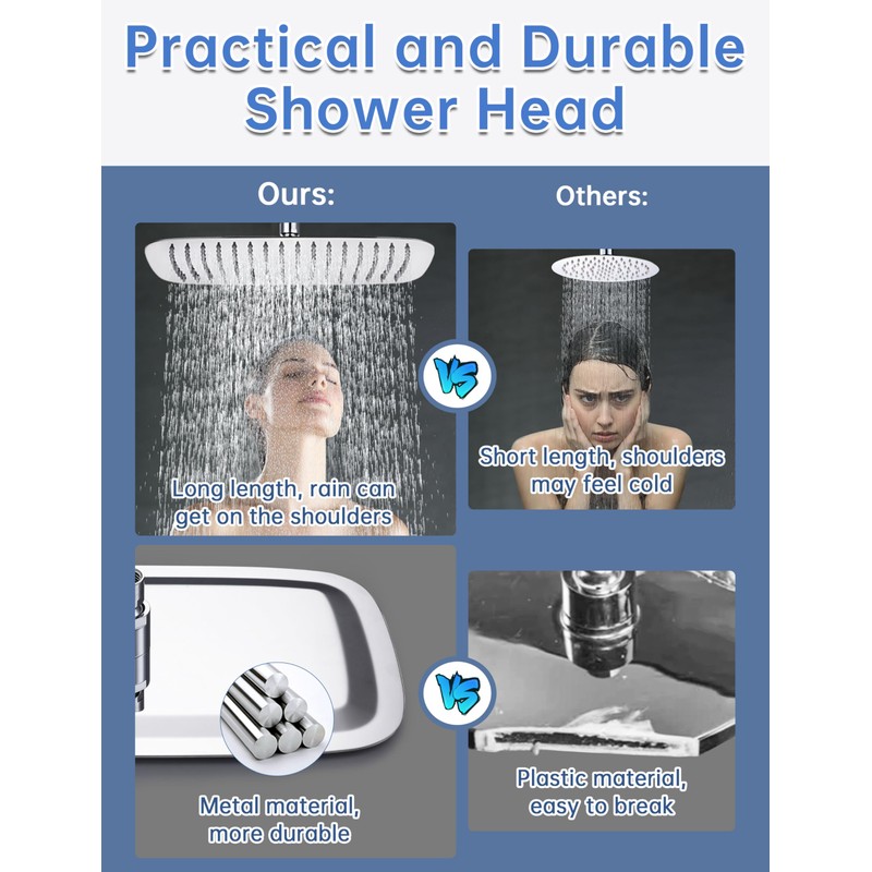 14 Inch All Metal Rectangular Rain Shower Head, Large Rainfall