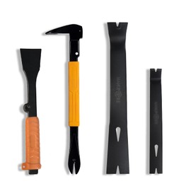MANUFORE 4pcs Pry Bar Nail Puller Set, 12” Flat Pry Bar, 7.5” Flat Pry Bar, 12” Crow Bar with Hammer, 9” Chisel (Orange)