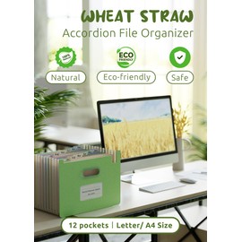 EcoStash Accordion File Organiser, 12 Pockets A4 Wheat Straw Expanding File Folders, Monthly Filling Document Organiser, Upright Open Top, BPA Free, Return to Nature, Healthy Living, Mint Green