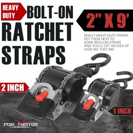 Porotmotor Stainless Steel Bolt-On Retractable Ratchet Straps, 2 inch x 9 feet Self Retracting Ratchet Straps Transom Tie Down for Boat, Jet Ski, Motorcycle, Trailers, ATVs, UTVs (2 Pack)
