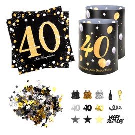 40th Birthday Decorations Men Women, 20Pcs 40th Napkins + 12Pcs Lantern Table Decoration + 100Pcs Confetti, 40th Birthday Table Decorations, Black And Gold Birthday Party Supplies