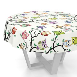 ANRO Oilcloth tablecloth, wax tablecloth, washable garden tablecloth, round, oval, square, round, 140 cm, cut edge, owl