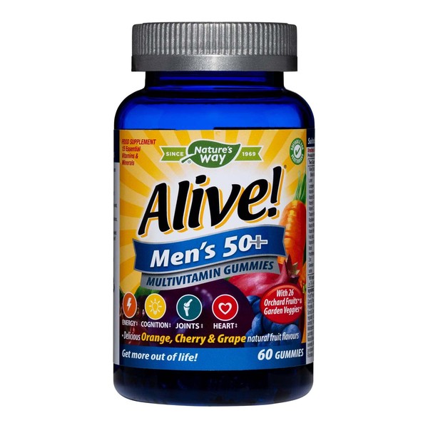Alive! Men's 50+ Multivitamin Gummies, A Unique Dried Blend of 26 Fruits and Vegetables, Specially Formulated for Men Over Fifty, Suitable for Vegetarians - 60 Gummies