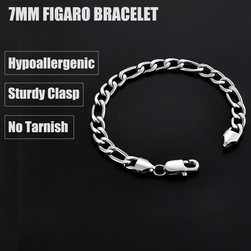 Fiusem Silver Tone Figaro Mens Bracelet, 7mm Width Stainless Steel