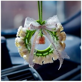 Cute Crochet Plant Car Accessory Handmade Crochet Cute car Decor，Car Mirror Hanging Accessories ，Cute Crochet Orchid Hanging Ornament (White)