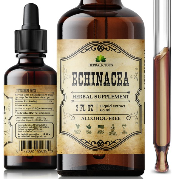 Echinacea Supplement - Natural Root Extract Liquid Drops - Antioxidant Rich Formula for Immune Function Support - Vegan Herbal Tincture - Non-GMO, Alcohol-Free & Gluten-Free - 2 Fl. Oz.