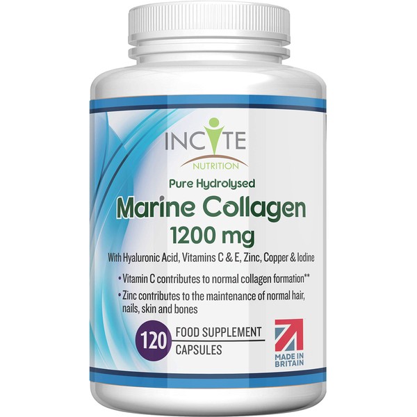 Marine Collagen 1200mg | 120 High Strength Capsules Pure Superior Type 1 Hydrolysed Marine Collagen Enhanced with Vitamins C, E, B12, Copper, Zinc and Iodine.