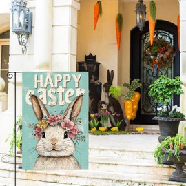 AVOIN colorlife Happy Easter Bunny Garden Flag 12x18 Inch Double Sided Outside, Blue Rustic Holiday Yard Outdoor Flag