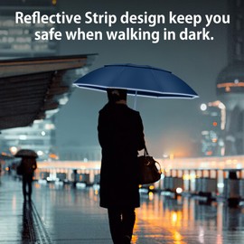 Urvoix Travel Umbrella Compact Windproof - Ventilation Umbrella with Double Dome for Rain, Portable Umbrella Inverted Automatic Opening and Closing with Reflective Strips, blue