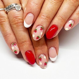 Strawberry Press on Nails Medium French Tips Fake Nails with Glossy Red Stick on Nail Fruit False Nails Flower Almond Acrylic Nail Full Cover Artificial Fingernail Glue on Nails for Women