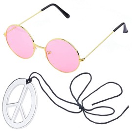 Beelittle Hippie accesorios de disfraz para hombres y mujeres – Retro Hippie estilo de los años 60 Círculo anteojos símbolo de la paz collar, Rosado, Talla única