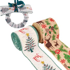Handship 10 Yards Christmas Ribbon 2.4 Inches Wide Jute Ribbons Deer Christmas Tree Wired Edge Burlap Ribbon Roll for Xmas Gift Wrapping Big Bow Making Wreaths DIY Crafts Home Decorations
