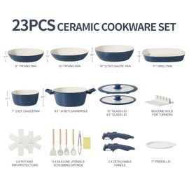 BECIGAR 23pcs Ceramic Pots and Pans Set, Nonstick Detachable Handle Cookware, Induction Kitchen Cooking Set with Removable Handle,include Frying Pans & Saucepans Oven Safe(Blue)
