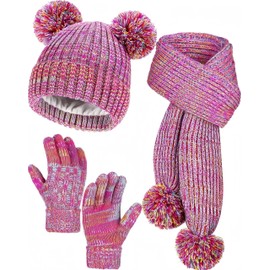 Mckkymi Kids Winter Gloves Hat Scarf Set for Cold Weather, Toddler Children Girls Fleece Lined Knit Pom Pom Beanie, Neck Warmer & Mittens Kids Christmas Gifts for Girls 3 4 5 6 7 8 Years Old - Rainbow