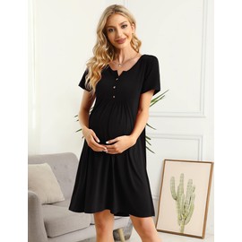 KOJOOIN Women's Nightdress Birth Nursing Nightdress Cotton Sleepwear Maternity Nightdress with Button Placket Night Dress (Reusable Packaging), Black(short sleeve), XXL