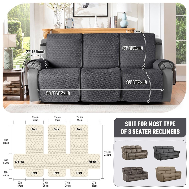 TAOCOCO 100% Waterproof Recliner Cover, Non-Slip Washable Reclining Couch Cover