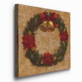 Renditions Gallery Poinsettia & Bells Wreath Wall Art, Christmas & Winter Artwork, Festive Red & Green, Premium Gallery Wrapped Canvas Decor, Ready to Hang, 10 in H x 10 in W, Made in America