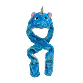 Drew Brady Kids Faux Fur Animal Head Long Trapper hat Hood Scarf Snood with Built in Mitten Covers (Blue Unicorn), 4-13 Years