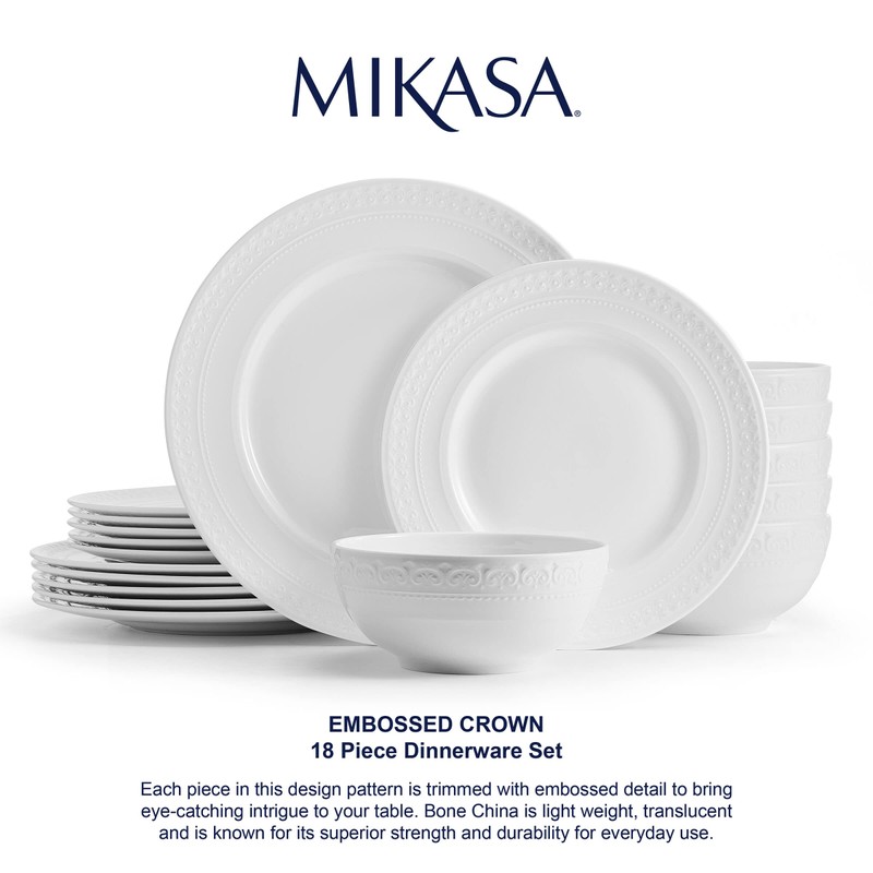 Mikasa Crown White Chip Resistant 18 Piece Dinnerware Set, Service
