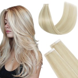 FUOTONBUTY Tape-In Extensions, Real Hair, Double Stitched, Balayage Golden Blonde to Light Blonde, 20 Pieces, 50 g, Invisible Tape Extensions, Tape-On Extensions, Real Hair, 40 cm
