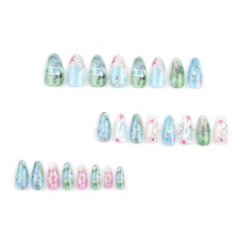 Floral Press on Nails Pink Green Fake Nails Medium Almond False Nails with Pearl Design Glossy Glue on Nails Reusable Artificial Acrylic Full Cover Stick on Nails for Women Girls Manicure 24Pcs