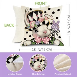 Fjfz Happy Easter Bunny Decorative Throw Pillow Covers 18 x 18 Set of 4, Hello Peeps Rabbit Easter Egg Porch Outdoor Home Decor, Pink Purple Spring Polka Dots Diamond Couch Cushion Case