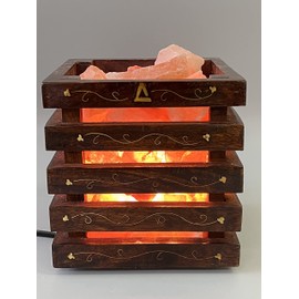 NatureBoost Himalayan Pink Salt Lamp Wooden Basket (11 inches, 13 lbs) with Natural Salt Chunks Comes with dimmer Switch and a Pair of Bulb, (Brown Metal Engraved)
