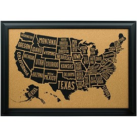 Craig Frames Wayfarer Cork Board, Typographic United States Push Pin Travel Map, Satin Black Frame and Pins, 20 x 30 Inch
