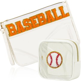 BuyCard 2 Pcs Chenille Letter Patch Clear Travel Bags, Preppy PVC&Nylon Makeup Bag with Zipper, Waterproof Clear Travel Toiletry Bag Storage Bag for Women Girls, Beige-BASEBALL, Preppy