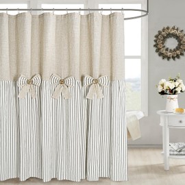 DOSLY IDÉES Linen Button Farmhouse Beige Shower Curtain,Bowknot,Linen and Cotton Woven Fabric,Pleated Gray Stripe,Country Style,72x78 in