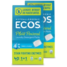 ECOS Laundry Detergent Packs, 80 Loads - 100% Plastic Free Packaging - Convenient No Mess Washing Soap Packs - Hypoallergenic for Sensitive Skin - Free & Clear