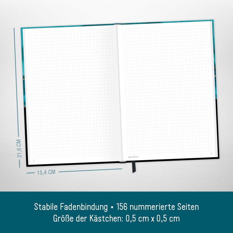paper&you® Notebook A5+ Squared with Elastic Band [Shiny Teal] 156