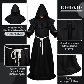 Sintege Mardi Gras Monk Costume Medieval Monk Robe Renaissance Priest Robe Adult Wizard Costume(Black, Large)