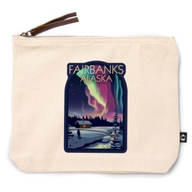 Lantern Press Fairbanks, Alaska, Northern Lights and Cabin, 100% Cotton Zipper Pouch, Travel Accessory, Go Bag