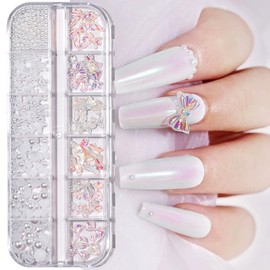 12 Grids Colorful Bow Nail Charms Simple Aurora Butterfly Nail Rhinestones Crystal Nails Art Charms DIY Sparkling Nail Gems Charms for Nails Pearl Design Manicure Decor for Women Daily Wear