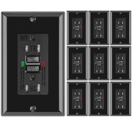 10 Pack - POWAWINI GFCI Outlet 15 Amp, UL Listed, Self-Test GFI Receptacles, TamperResistant, Weather Resistant, LED Indicator, with Decor Wall Plates and Screws, Indoor or Outdoor Use (Black)