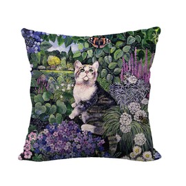 Purple Cushion Covers - 45 X 45 Cat Cushion Cover, Purple Bedroom Accessories, Cute Pet Cat Design On Linen Pillow Cover, Plum Cushion Covers,Flower Cushion Cover for Home Decorative Couch Sofa