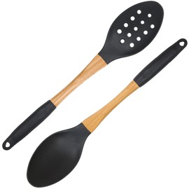 Beille 2pc Spoons Grey Nylon Kitchen Utensils Set with Soft Grip Ergonomic Wooden Handles High Heat Resistance