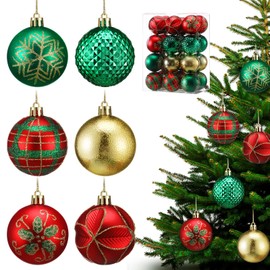 Syhood 24 Pcs Christmas Ball Ornaments Red Green and Gold Hanging Christmas Tree Balls 2.36 Inches Shatterproof Christmas Ball Vintage Ornaments for Holiday Celebration, Outdoor Yard, Xmas Tree Decor