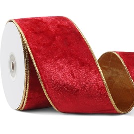 Red Wired Velvet Ribbon, Christmas Ribbon Wired 2.5 inch, 10 Yards Red and Gold Wired Ribbon for Christmas Tree Ornaments, Gift Wrapping, Topper Velvet Bows, Garland, Wreaths, Crafts, Home Decor