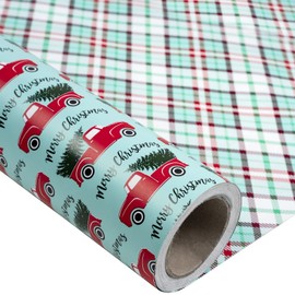 LeZakaa Reversible Christmas Wrapping Paper - Jumbo Roll - Red Truck & Plaid - 24 inches x 100 Feet (200 sq.ft.)