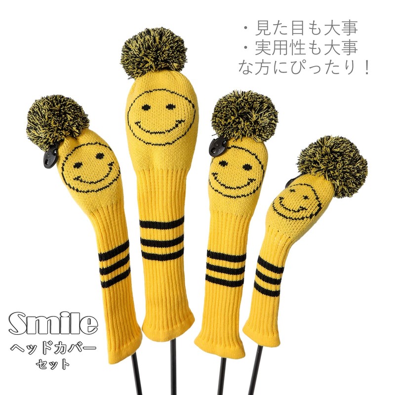 Set of 4 Knit Golf Headcovers Smile Cover Golf (Black)