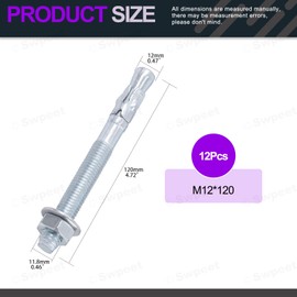 Swpeet 12Pcs 1/2" x 4-3/4" Zinc Plated Heavy Duty Wedge Anchor Assortment Kit, Carbon Steel Screws and Lag Bolts Wedge Anchor Fastener Perfect for Cement and Concrete Structural Anchorage Only