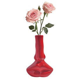 Red Lip Vase, Unique Ceramic Face Shaped Artistic Vase for Flowers, Red Room Dining Table and Desk Decoration