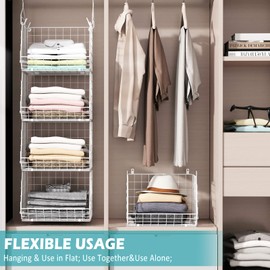 5 Tier Closet Hanging Organizer, Clothes Hanging Shelves with 4 Hanging Hooks 5 S Hooks, Wire Storage Basket Bins, for Clothing Sweaters Shoes Handbags Clutches Accessories Patent Design-White