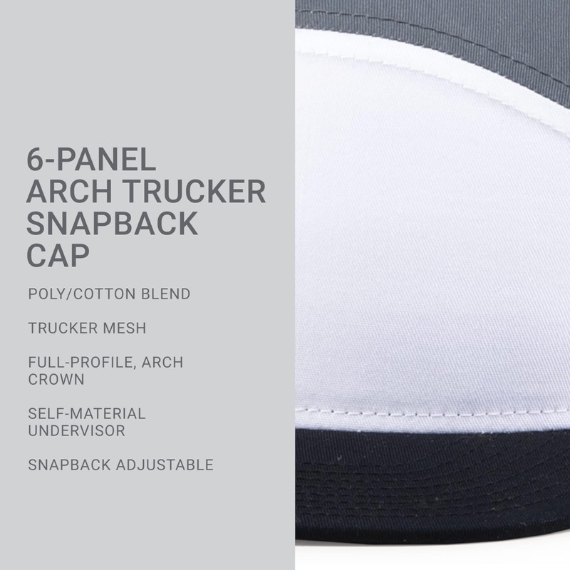 Pacific Headwear Standard 6-Panel Arch Trucker Snapback Cap, White/Graphite/Black