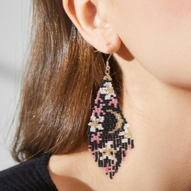 SHINUS BOHO Flower Black Beaded Long Tassel Western Native American Earrings For Women Dangling,Statement Bohemian Fringe Festive Design Summer Birthday Jewelry Gifts.