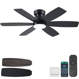 Kviflon 46 Inch Modern Ceiling Fans with Lights Remote/APP Control, Low Profile Ceiling Fan with Light, Flush Mount, 3CCT, 6 Reversible Blades, 6 Speeds, Double Sided for Bedroom Living Room, Black
