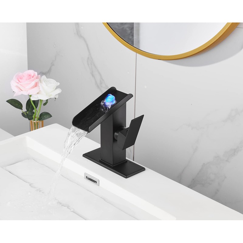 Bathroom Sink Led Faucet Waterfall Spout Black RGB 3 Colors