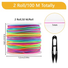 Elastic Band for Bracelets, 2 Rolls Rubber Cord 1 mm x 100 m, Rubber Cord with Scissors, Bead Cord, Elastic Thread for DIY Crafts, Jewellery Making, Bracelets, Necklaces (Rainbow)